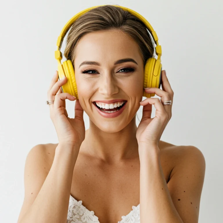 foto mulher ouvindo musica com headphone amarelo