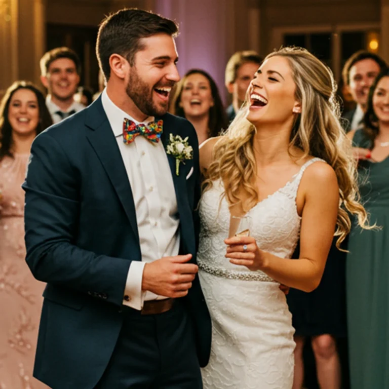 casal rindo na feste de casamento